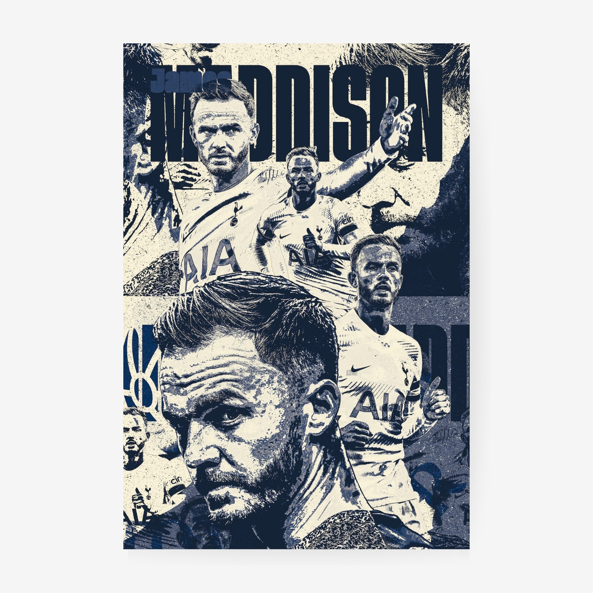 James Maddison Tottenham poster featuring multiple football moments in a navy and cream collage
