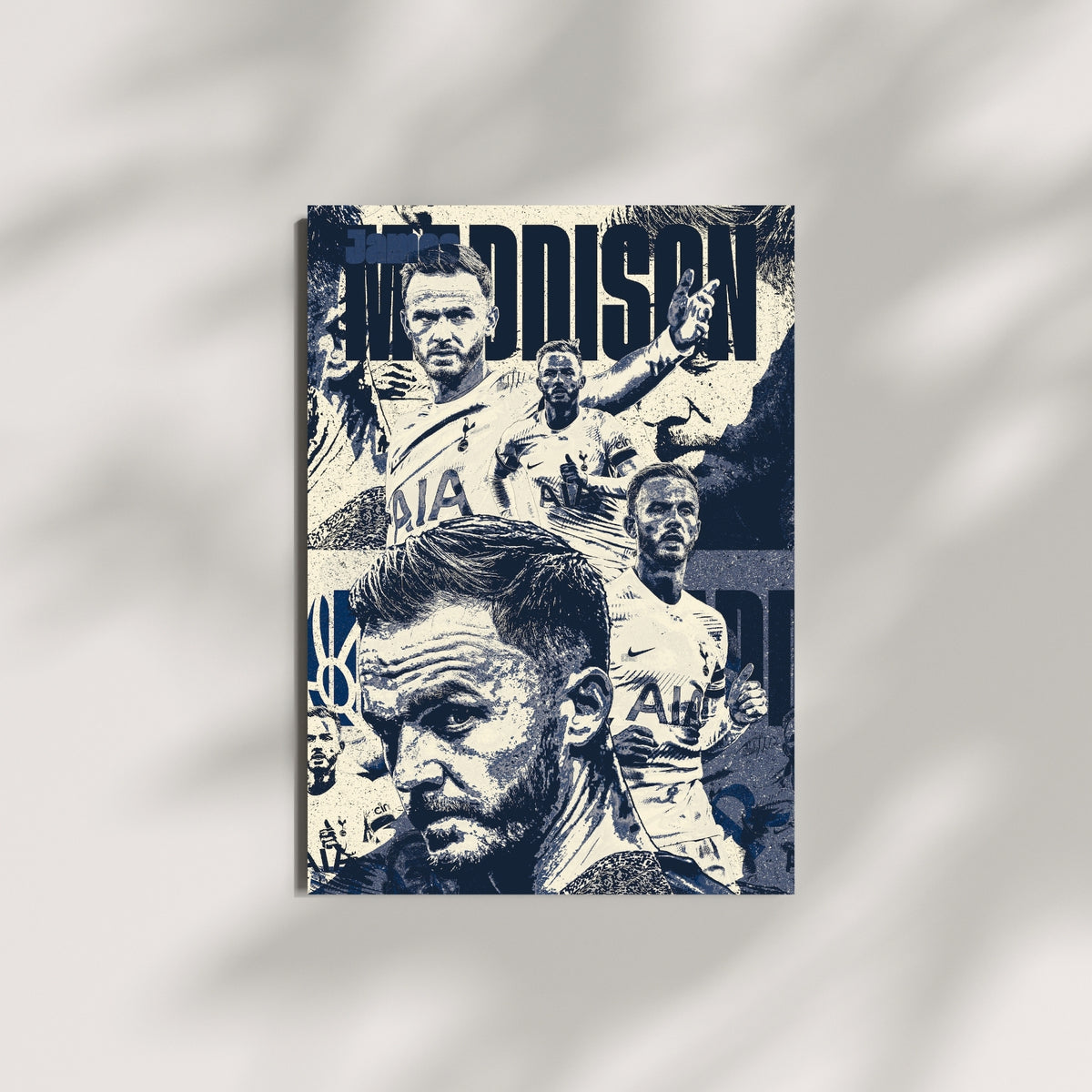 James Maddison Tottenham wall art displayed on a minimalist wall in a navy and cream design