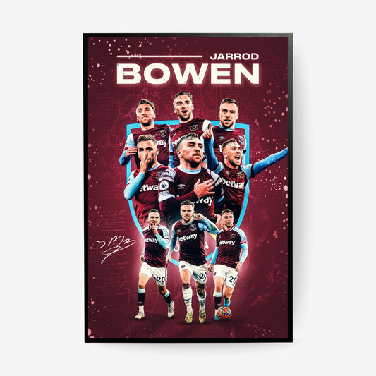 Jarrod Bowen football poster in a black frame featuring West Ham United artwork