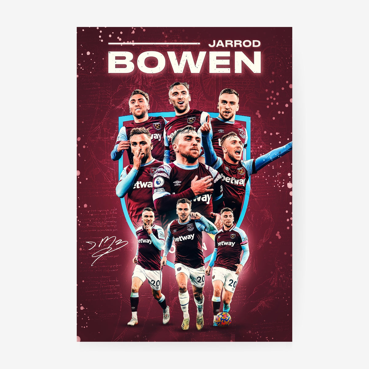 Jarrod Bowen football poster featuring multiple West Ham United action moments