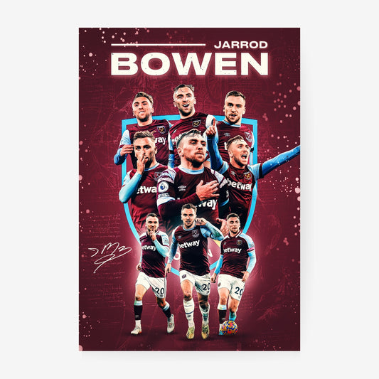 Jarrod Bowen football poster featuring multiple West Ham United action moments