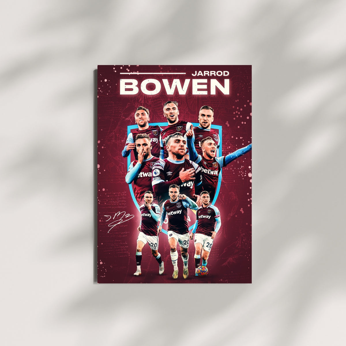 Jarrod Bowen football wall art featuring West Ham United claret and blue design