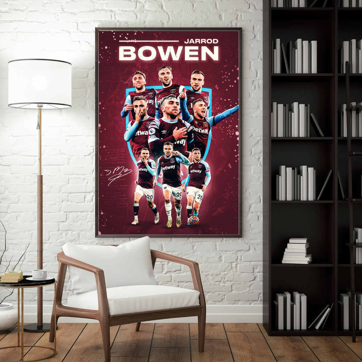 Jarrod Bowen football poster displayed in a modern interior with a dark frame