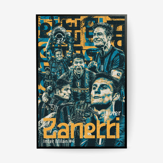 Javier Zanetti football poster in a black frame featuring iconic Inter Milan moments in a vintage blue and gold collage design
