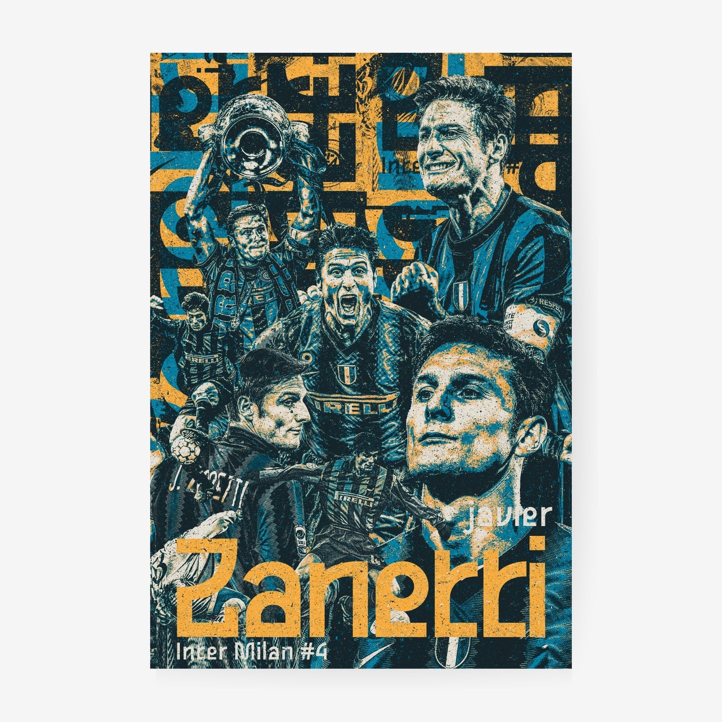 Javier Zanetti Inter Milan football poster featuring iconic career moments in a distressed blue and gold collage design