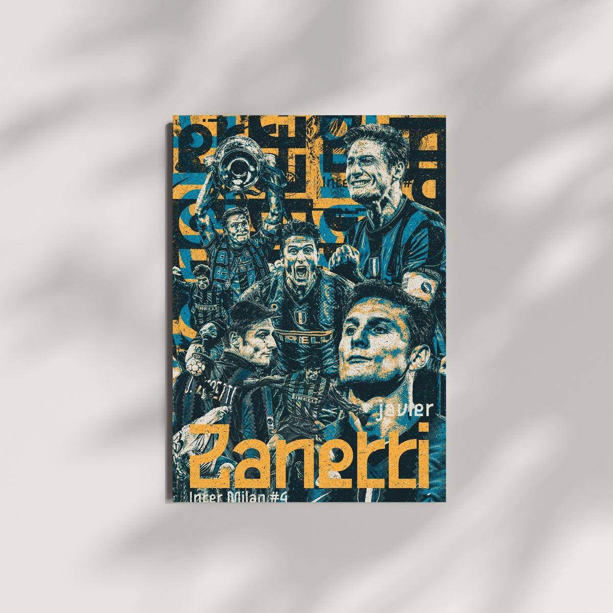 Javier Zanetti Inter Milan football wall art displayed on a modern wall in a vintage blue and gold design