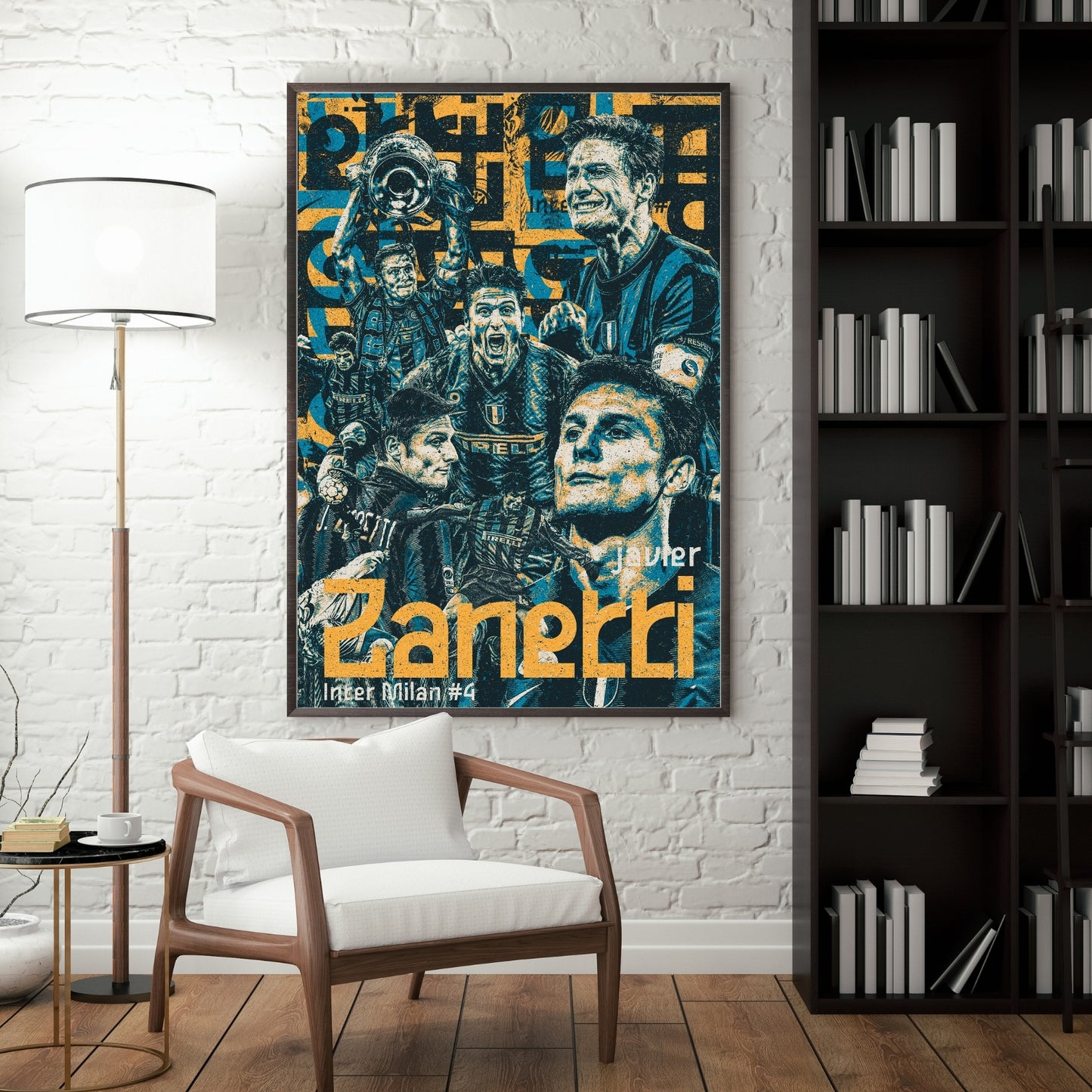 Javier Zanetti Inter Milan football poster displayed in a modern interior with vintage blue and gold artwork