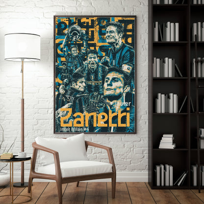 Javier Zanetti Inter Milan football poster displayed in a modern interior with vintage blue and gold artwork