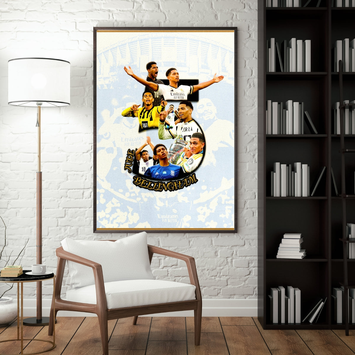 Jude Bellingham poster displayed as framed football wall art in a modern room