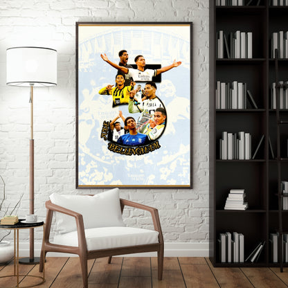 Jude Bellingham poster displayed as framed football wall art in a modern room