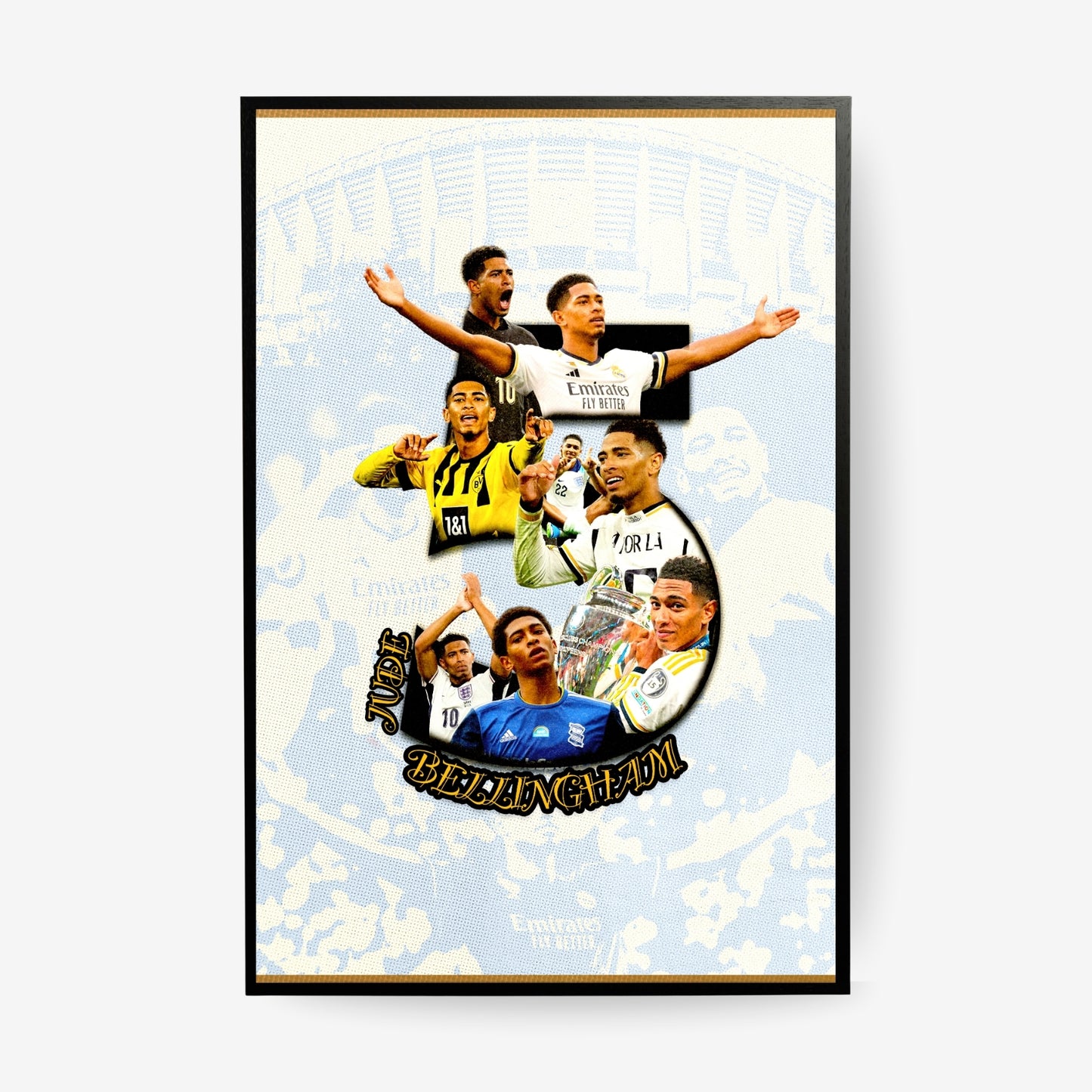 Jude Bellingham poster featuring a football career collage in a black frame