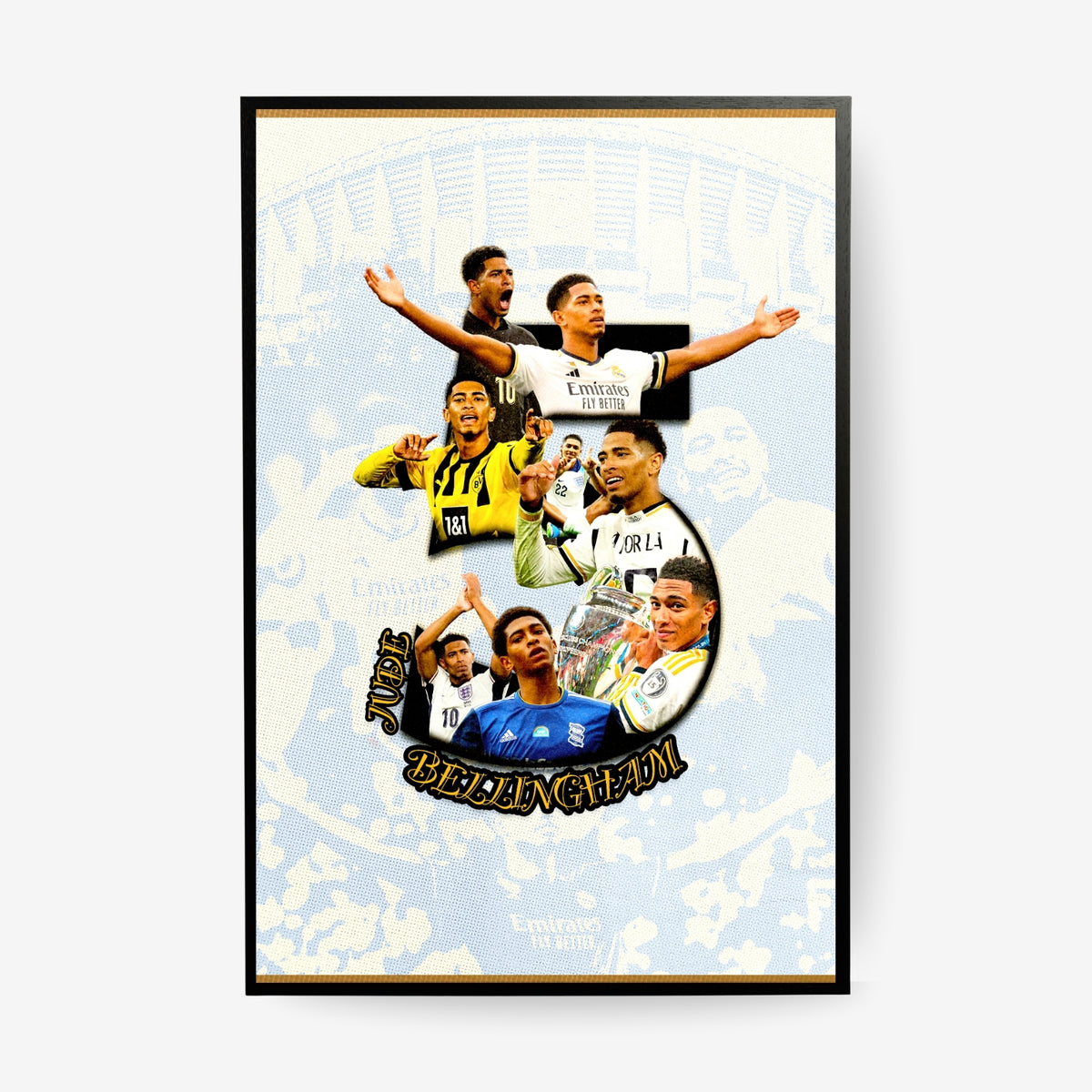 Jude Bellingham poster featuring a football career collage in a black frame