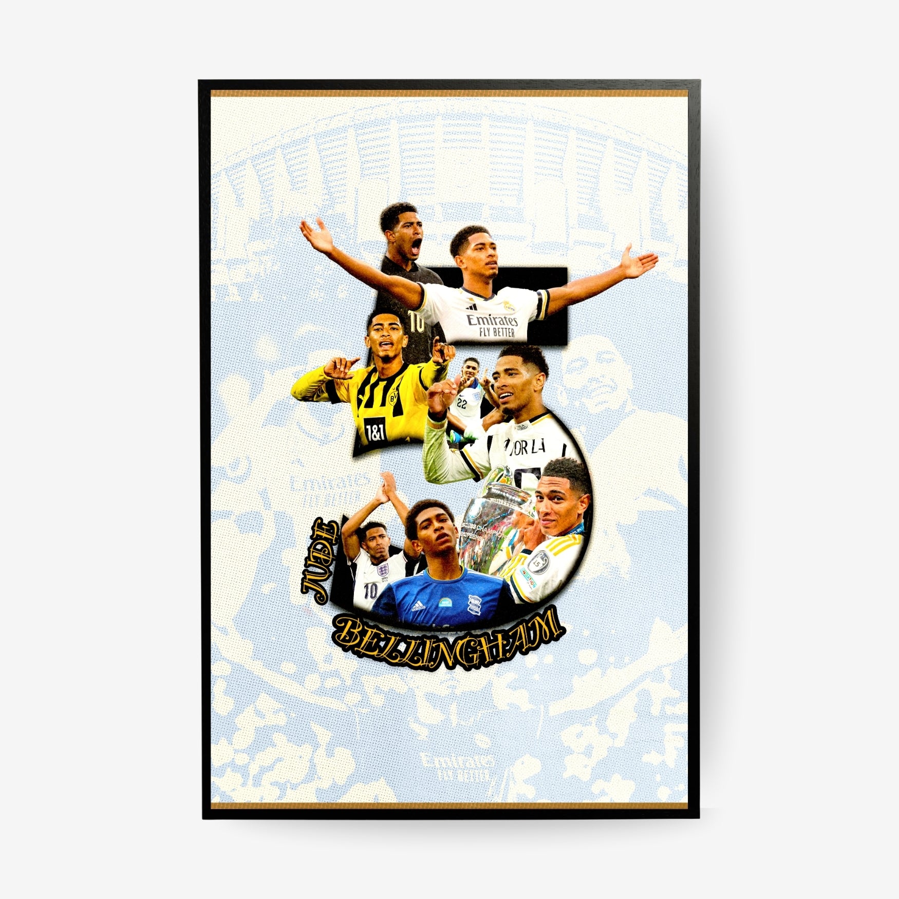 Jude Bellingham poster featuring a football career collage in a black frame