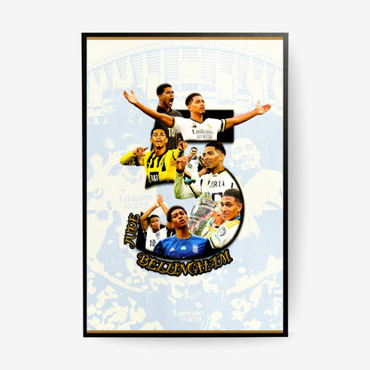 Jude Bellingham poster featuring a football career collage in a black frame