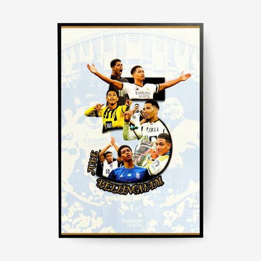 Jude Bellingham poster featuring a football career collage in a black frame