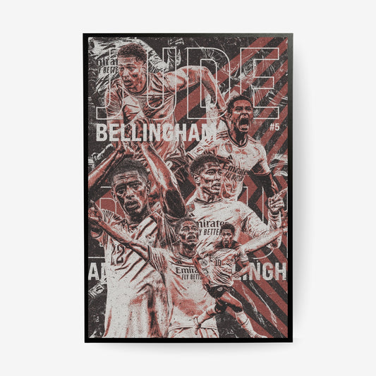 Jude Bellingham Real Madrid football poster in a black frame featuring iconic moments in a vintage red black and white collage design