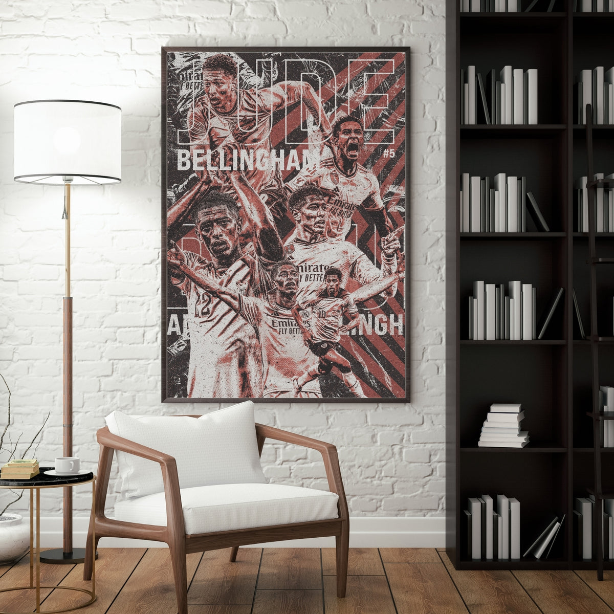 Jude Bellingham Real Madrid football poster displayed in a modern interior featuring a vintage football collage design