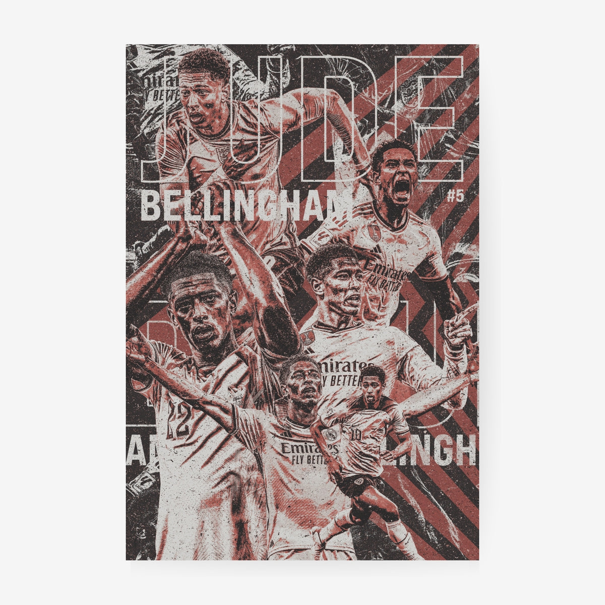 Jude Bellingham Real Madrid football poster featuring iconic moments in a vintage red black and white collage design