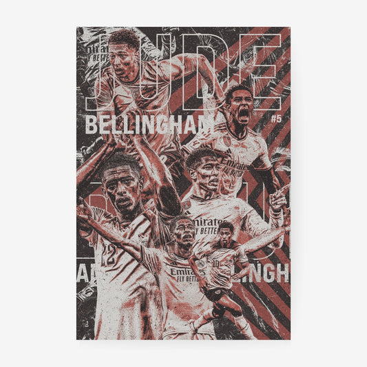Jude Bellingham Real Madrid football poster featuring iconic moments in a vintage red black and white collage design