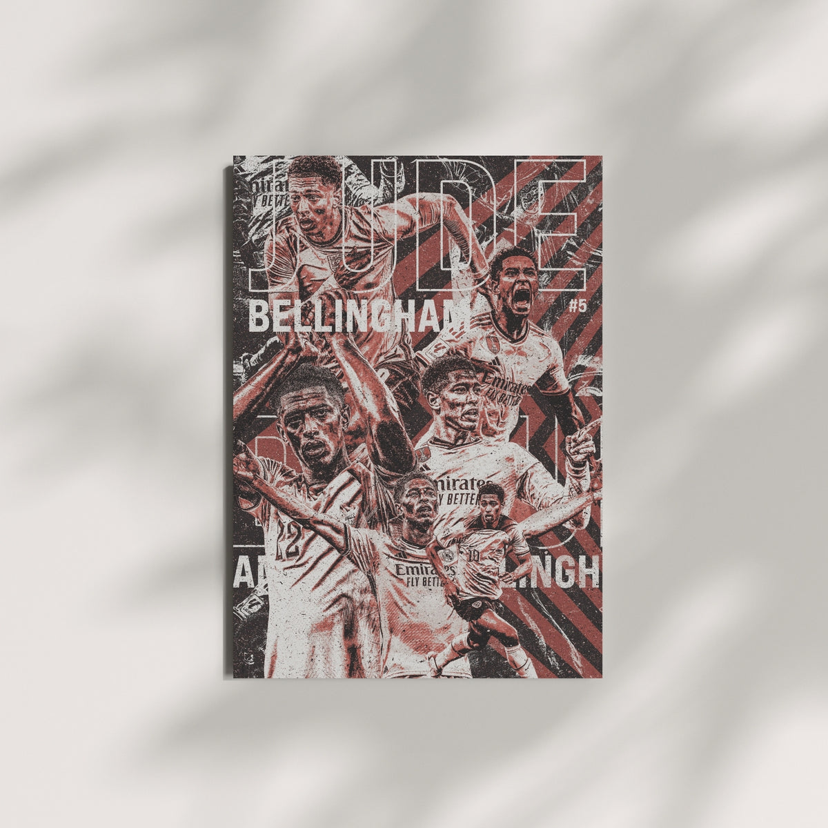 Jude Bellingham Real Madrid football wall art displayed on a modern wall featuring a vintage red black and white collage design