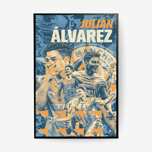 Julián Álvarez Manchester City poster in a black frame featuring a blue and orange football collage design