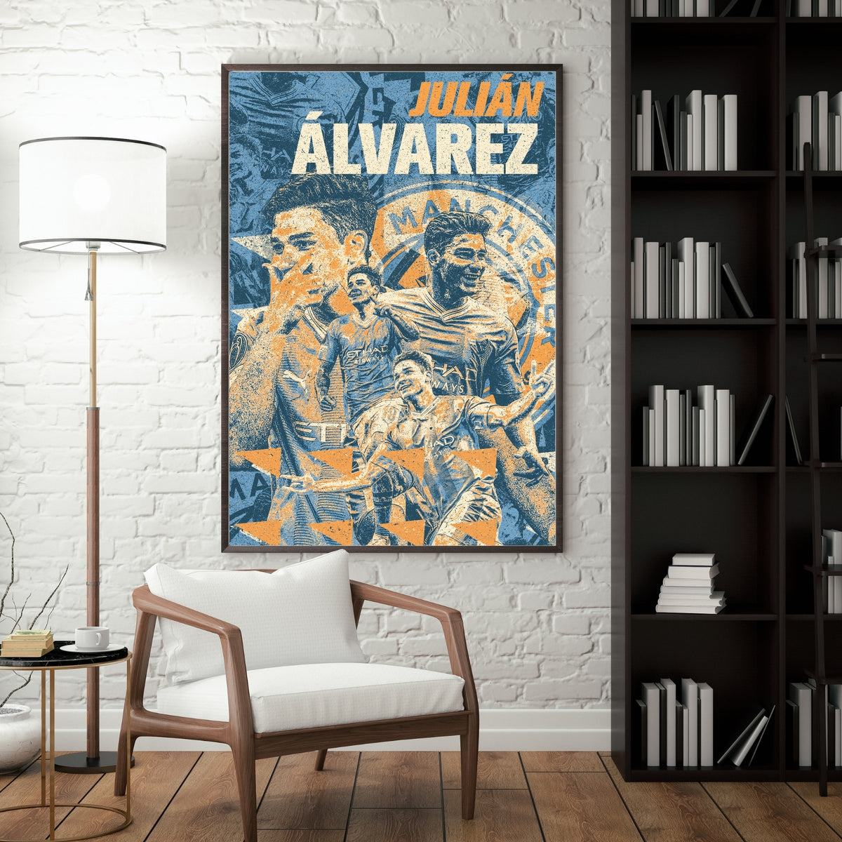 Julián Álvarez Manchester City poster displayed in a modern interior with a dark frame