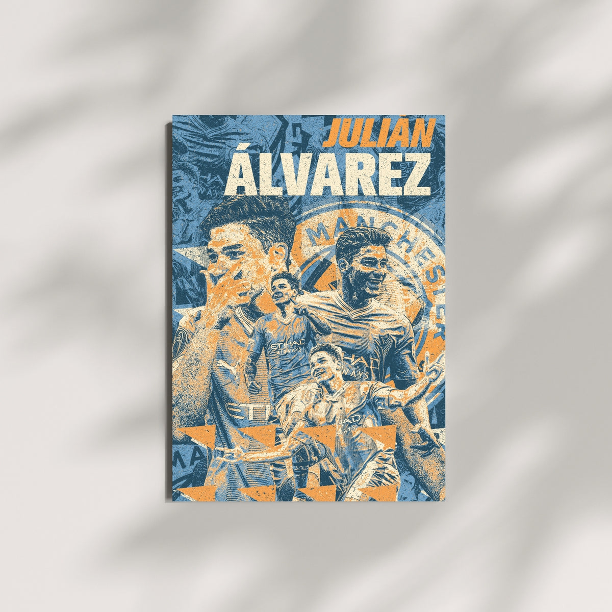 Julián Álvarez Manchester City wall art displayed on a minimalist wall in a blue and orange football design
