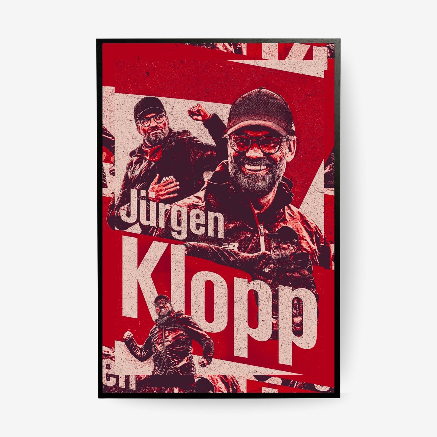 Jürgen Klopp Liverpool poster in a black frame featuring a red graphic collage of the legendary manager