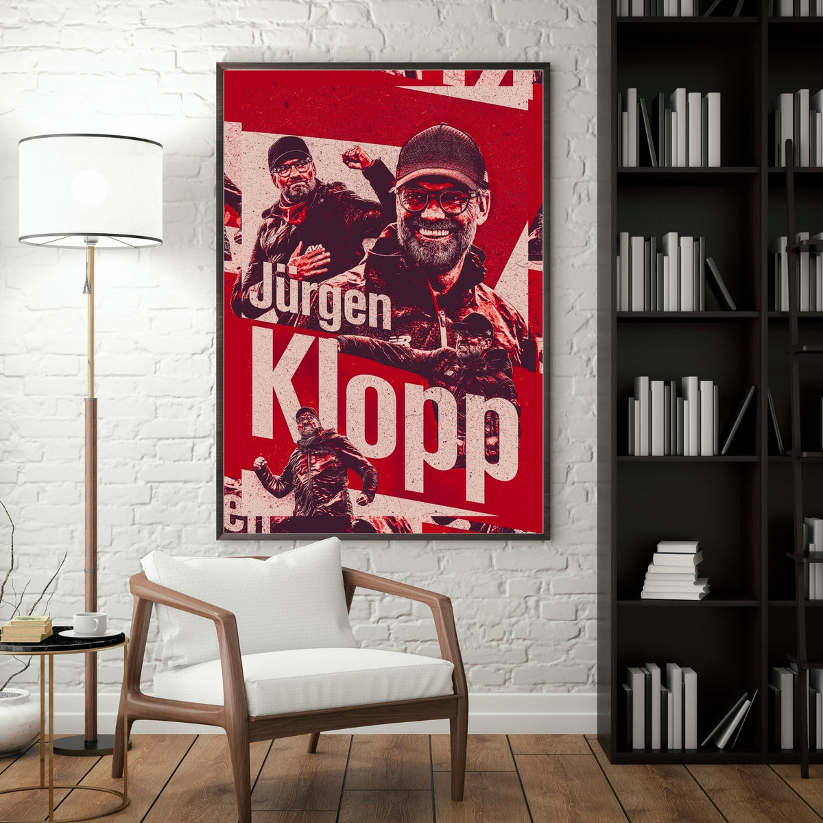 Jürgen Klopp Liverpool poster displayed in a modern interior with a dark frame