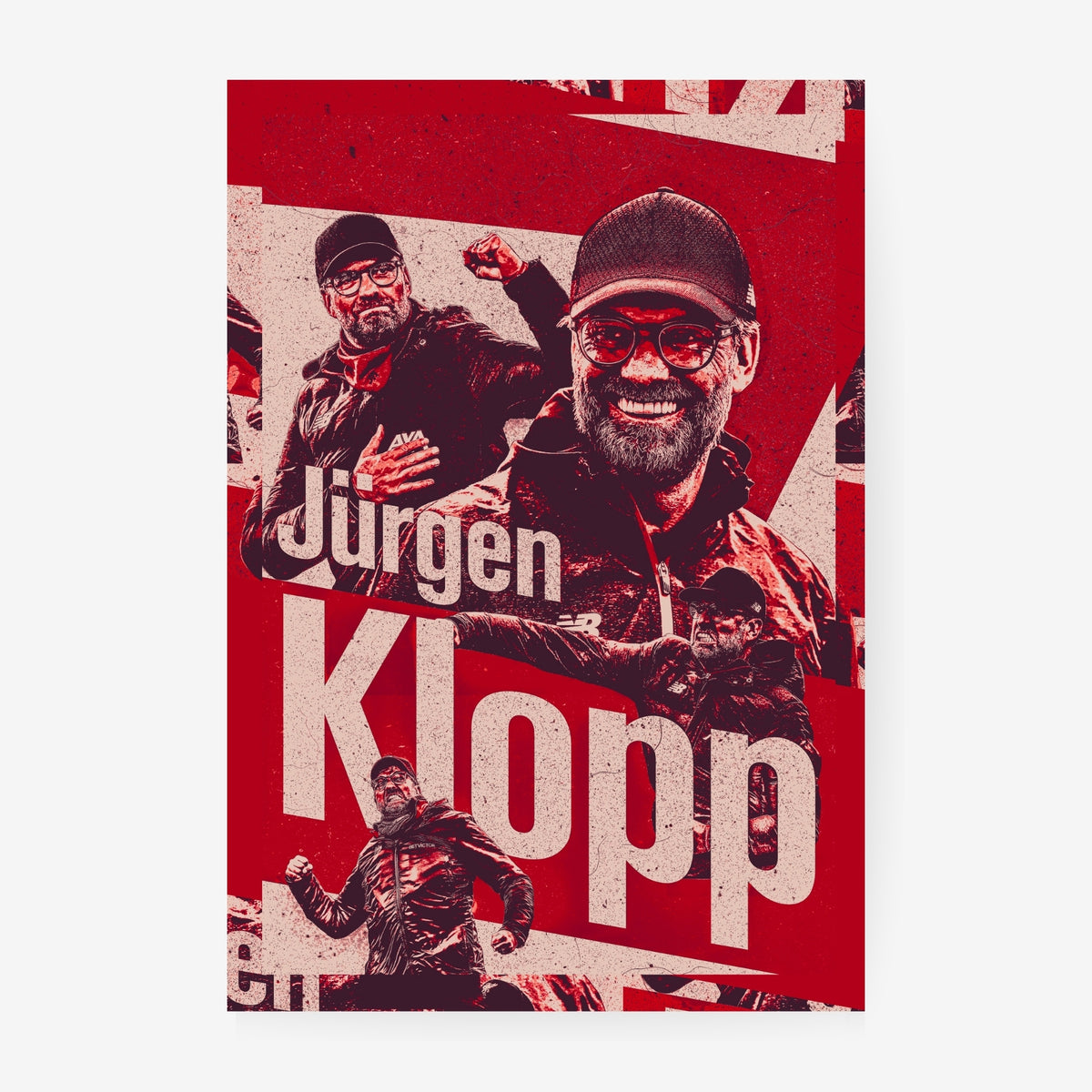 Jürgen Klopp Liverpool poster featuring the former Liverpool manager in a bold red football collage design