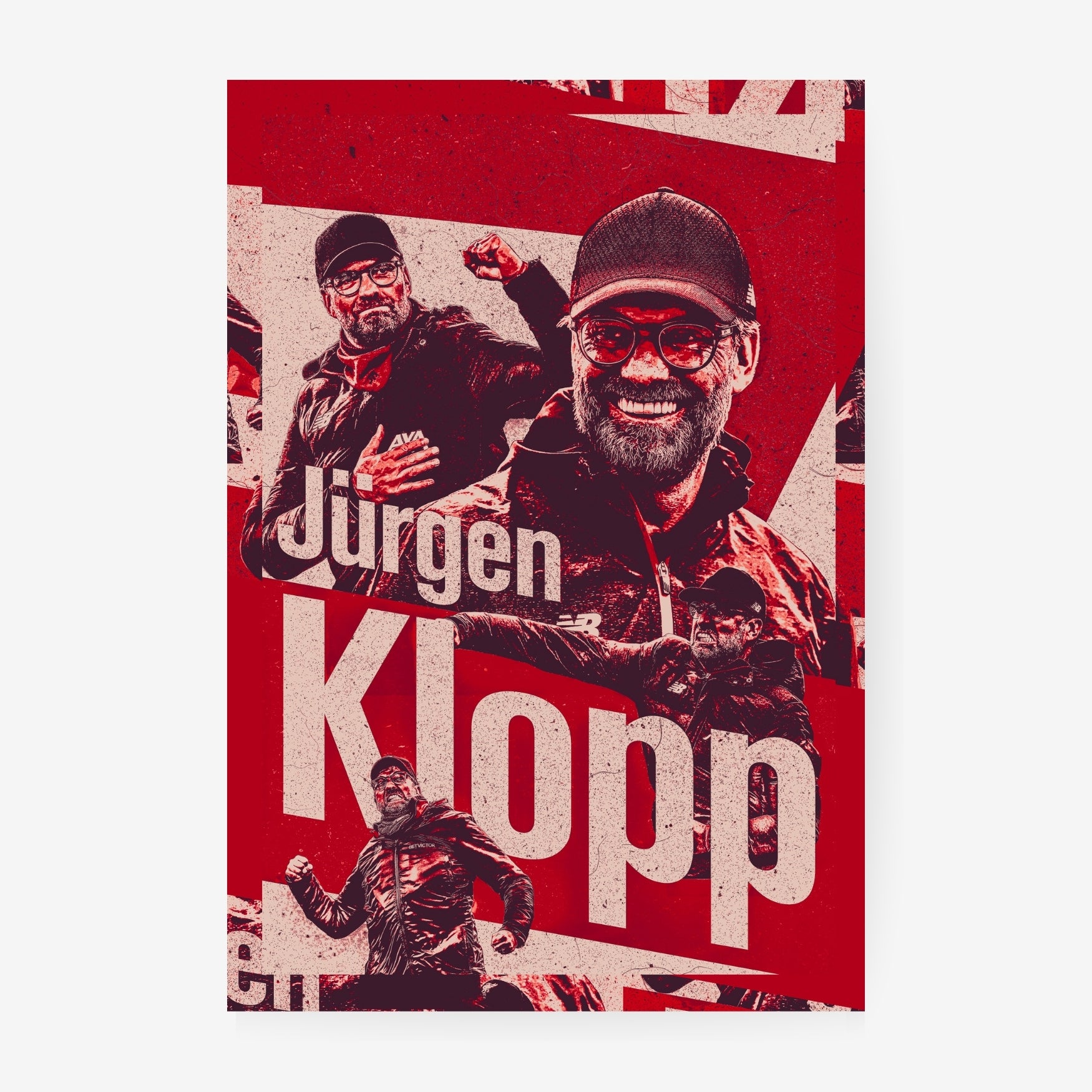 Jürgen Klopp Liverpool poster featuring the former Liverpool manager in a bold red football collage design