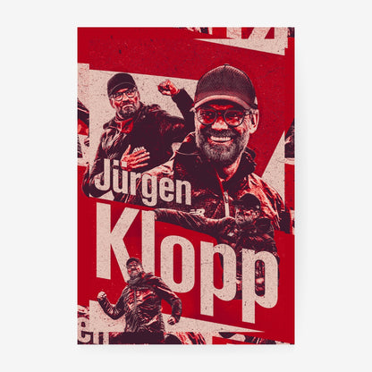 Jürgen Klopp Liverpool poster featuring the former Liverpool manager in a bold red football collage design