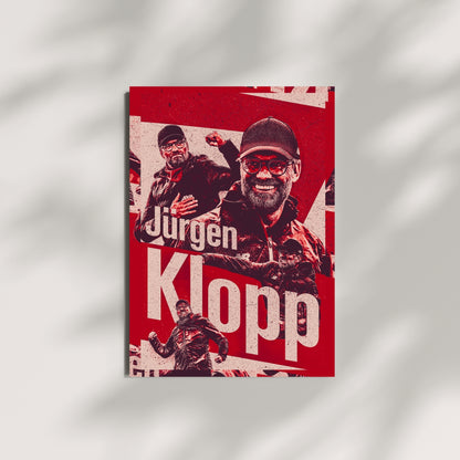 Jürgen Klopp Liverpool wall art displayed on a minimalist wall featuring a red football poster design