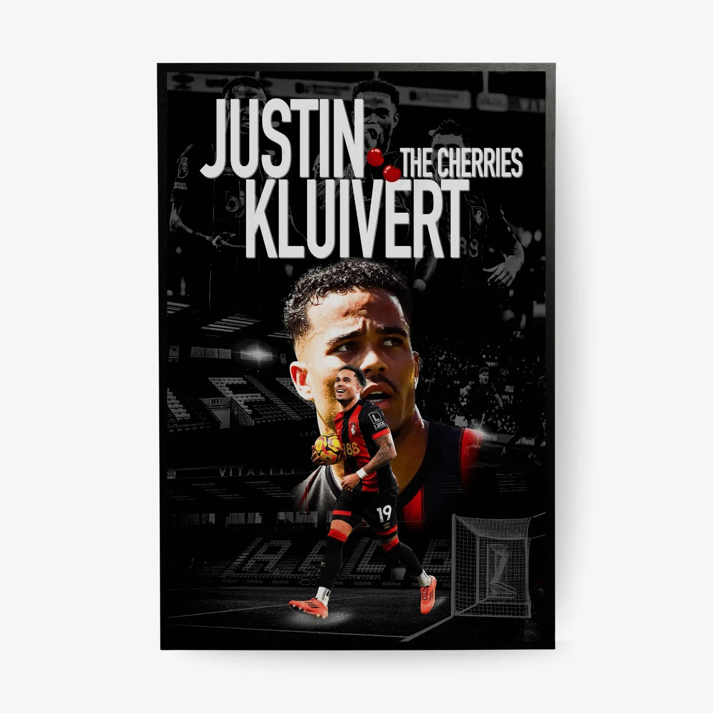 Poster of a soccer player with text 'Justin Kluivert The Cherries' on a dark background