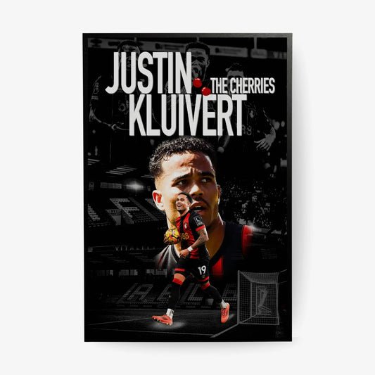 Poster of a soccer player with text 'Justin Kluivert The Cherries' on a dark background