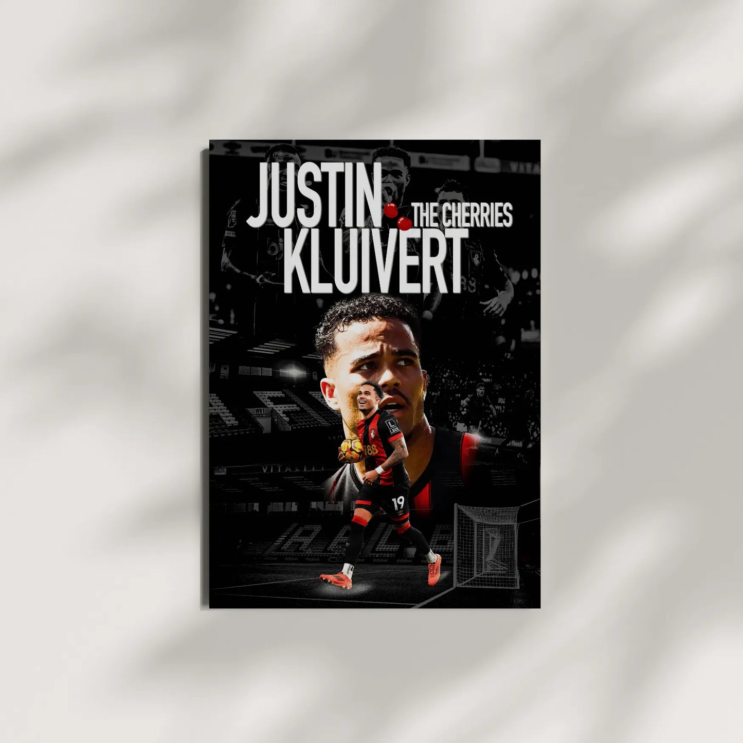 Poster of a soccer player with text 'Justin Kluivert The Cherries' on a gray background