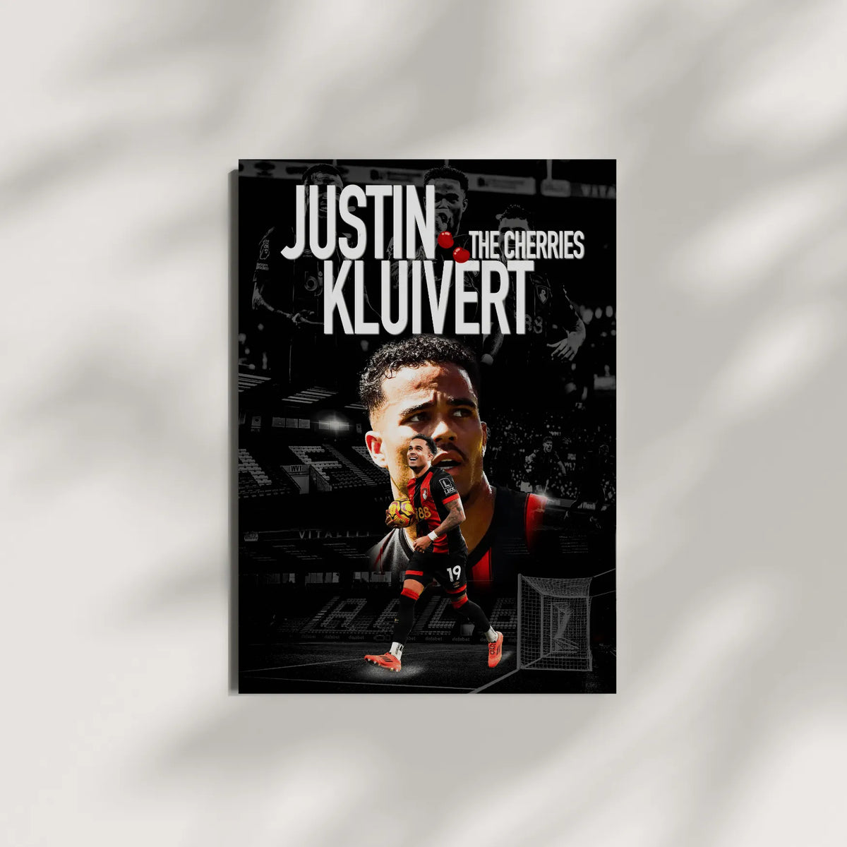 Poster of a soccer player with text 'Justin Kluivert The Cherries' on a gray background