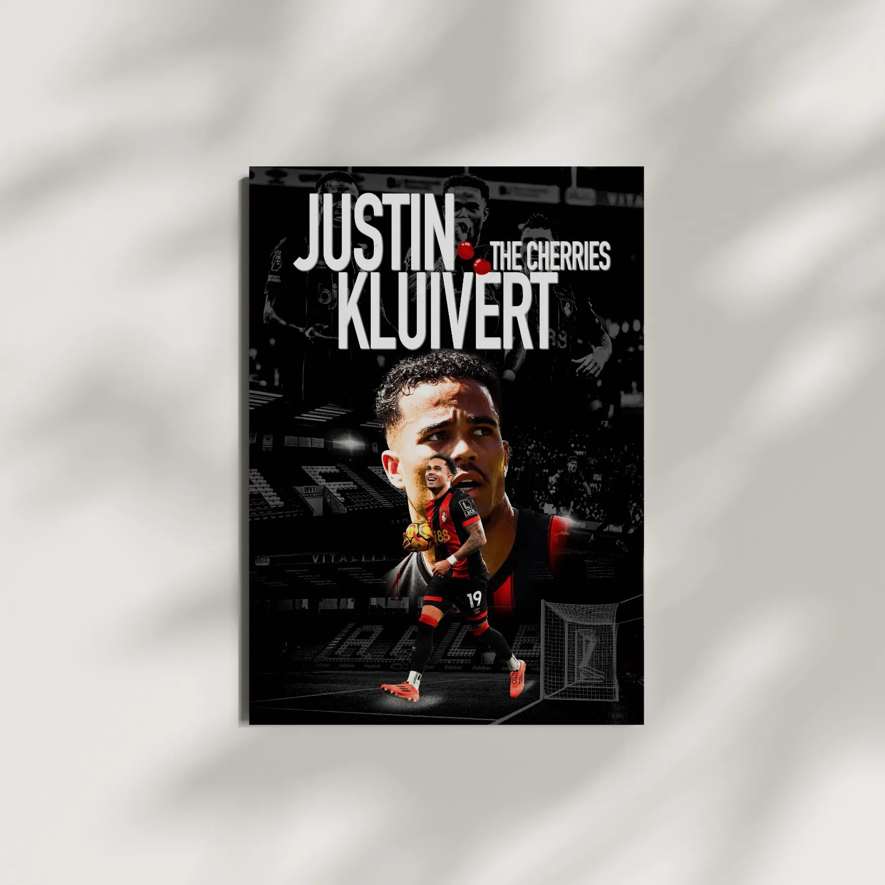 Poster of a soccer player with text 'Justin Kluivert The Cherries' on a gray background