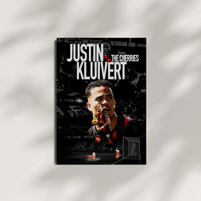 Poster of a soccer player with text 'Justin Kluivert The Cherries' on a gray background