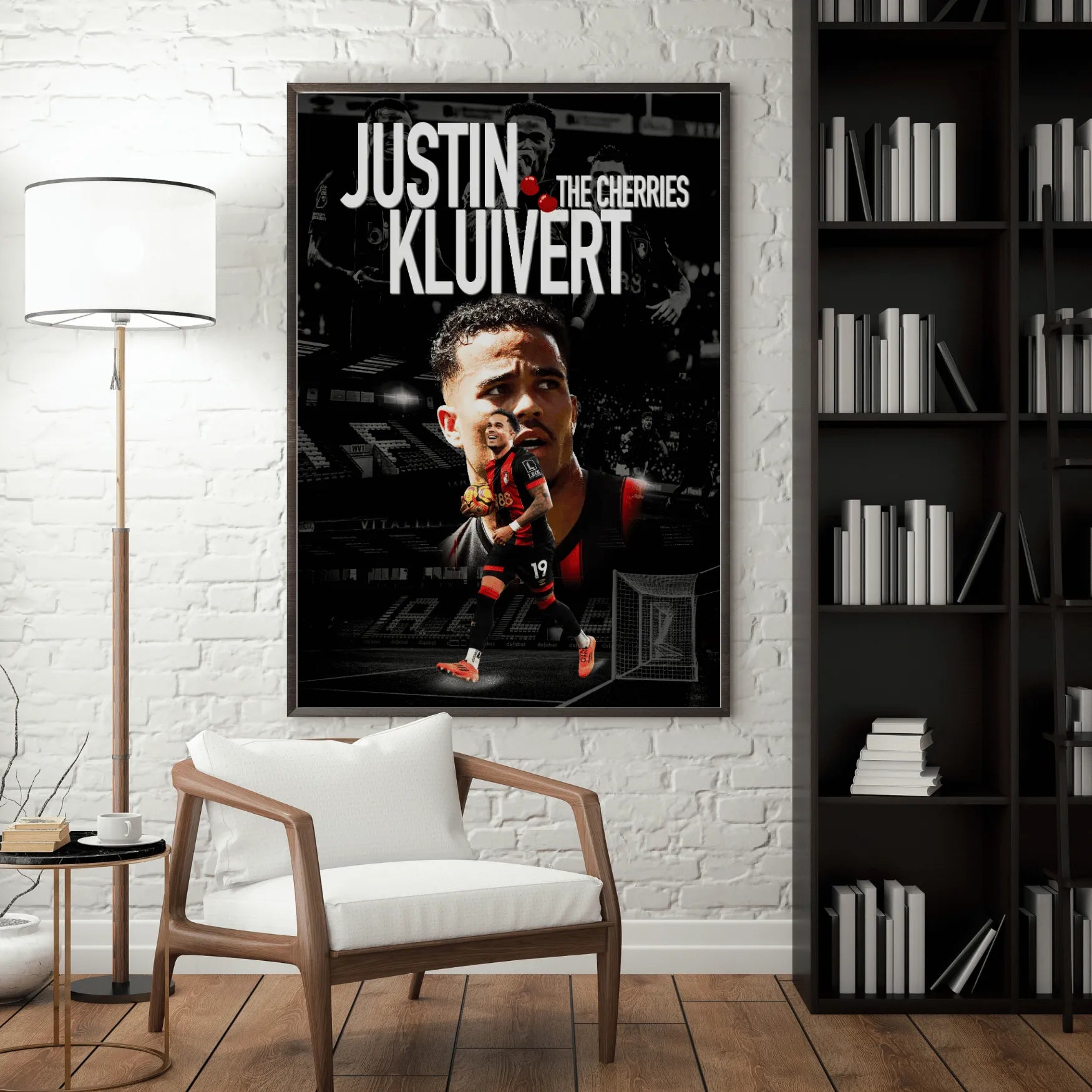 Poster of Justin Kluivert in a room with a chair and bookshelf.