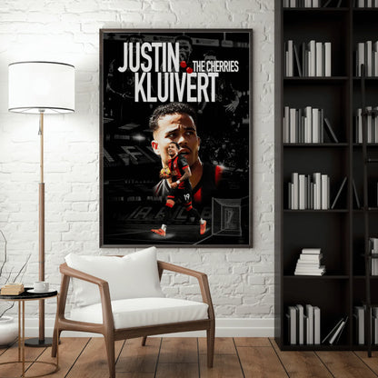 Poster of Justin Kluivert in a room with a chair and bookshelf.