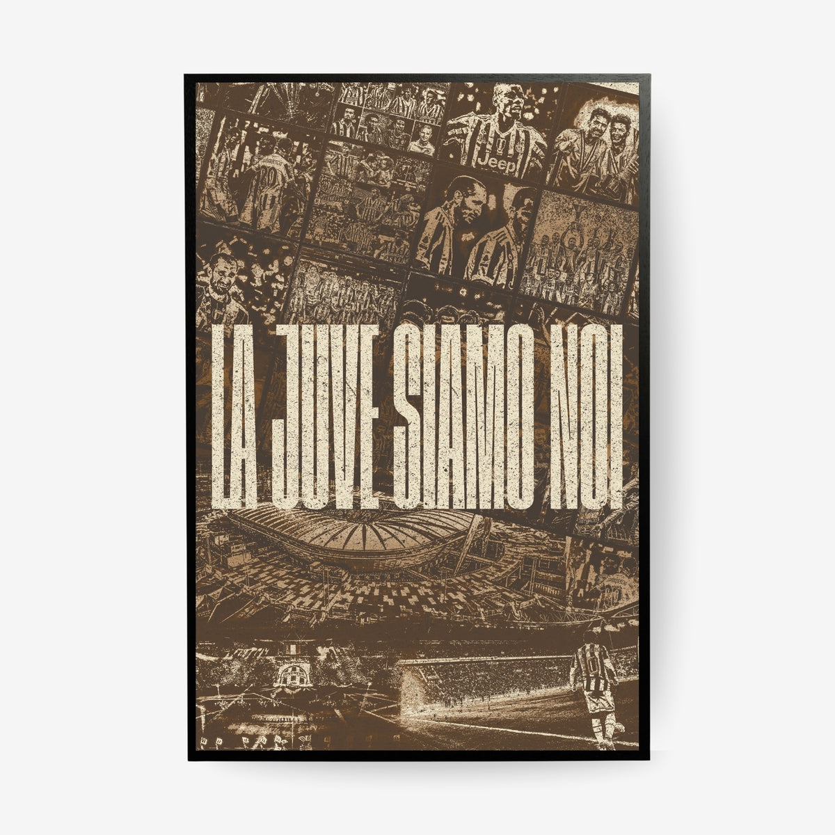 Juventus football poster in a black frame featuring iconic players, historic moments and the Allianz Stadium