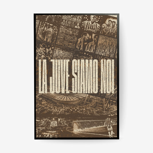 Juventus football poster in a black frame featuring iconic players, historic moments and the Allianz Stadium
