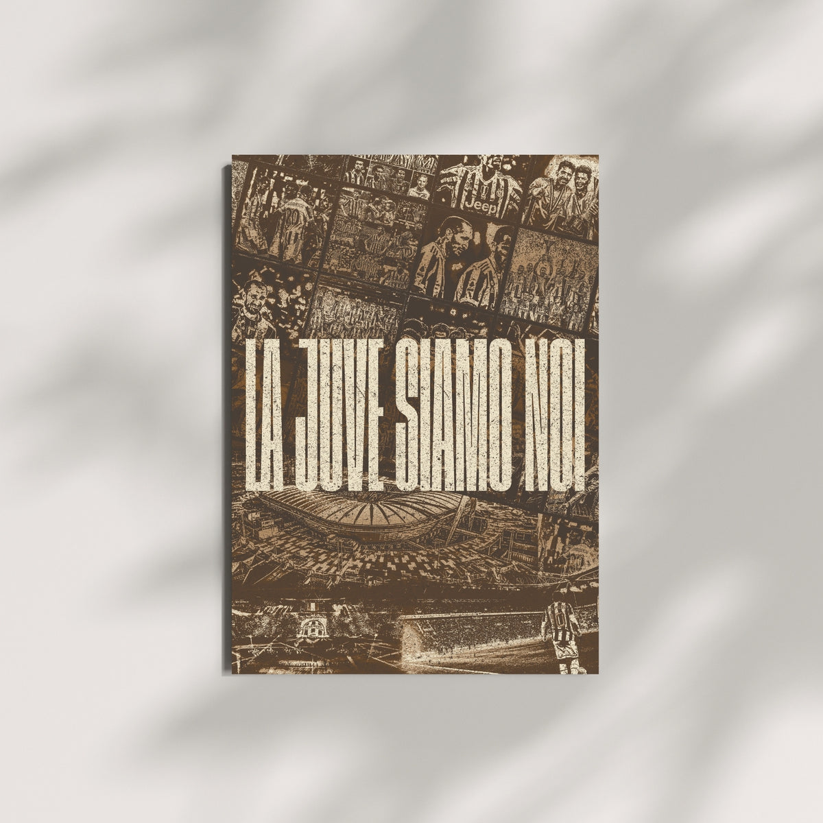 Juventus football wall art featuring a vintage brown collage of players, historic moments and stadium imagery