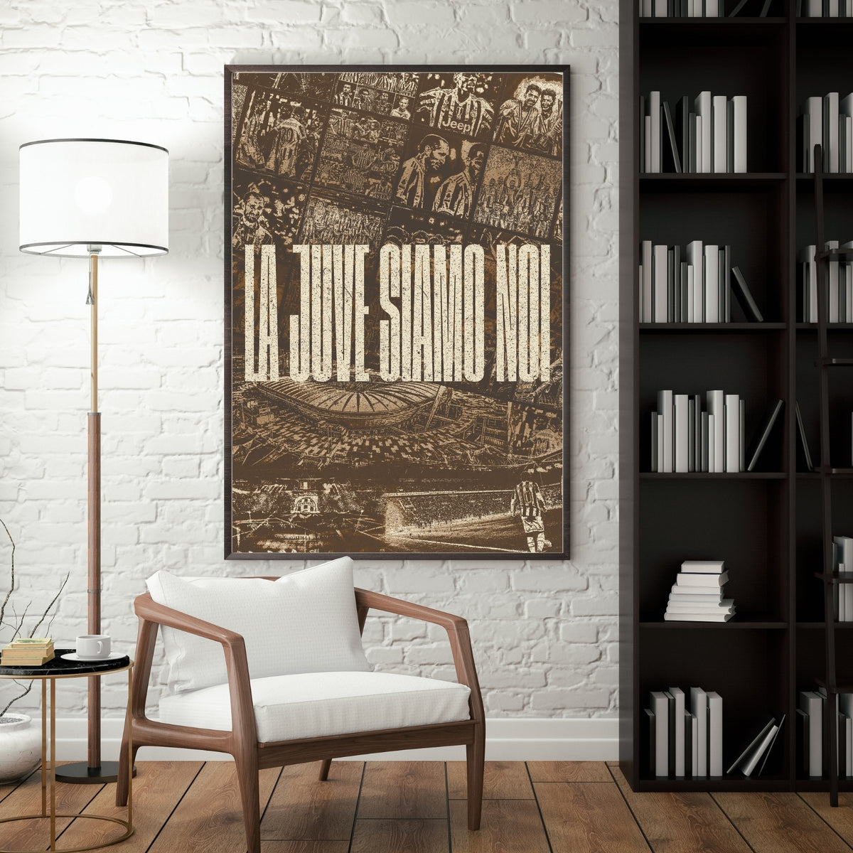 Juventus football poster displayed in a modern interior with a dark frame