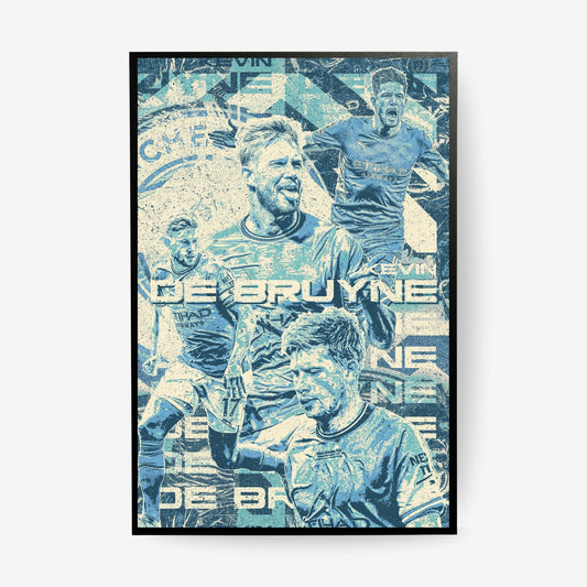 Kevin De Bruyne Manchester City poster in a black frame featuring a blue vintage football collage design