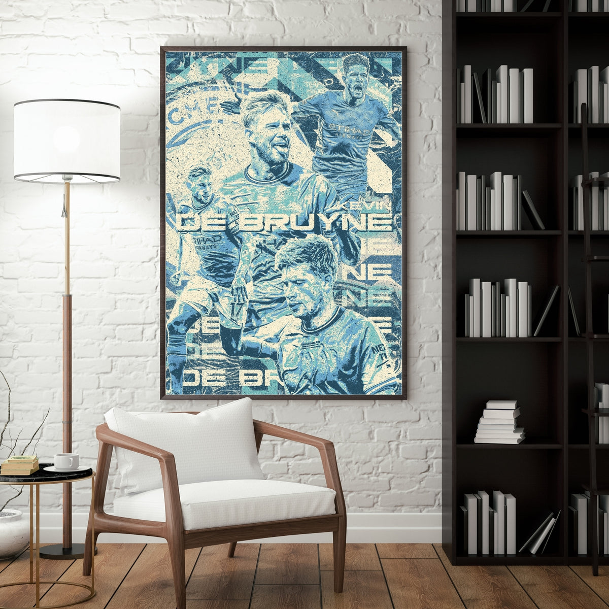 Kevin De Bruyne Manchester City poster displayed in a modern interior with a dark frame