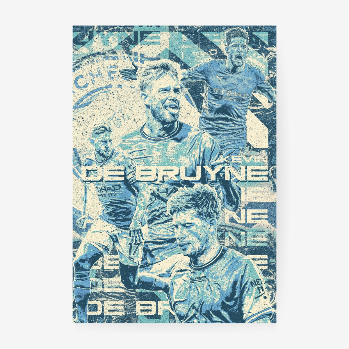 Kevin De Bruyne Manchester City poster featuring the midfielder in a blue retro-style football collage