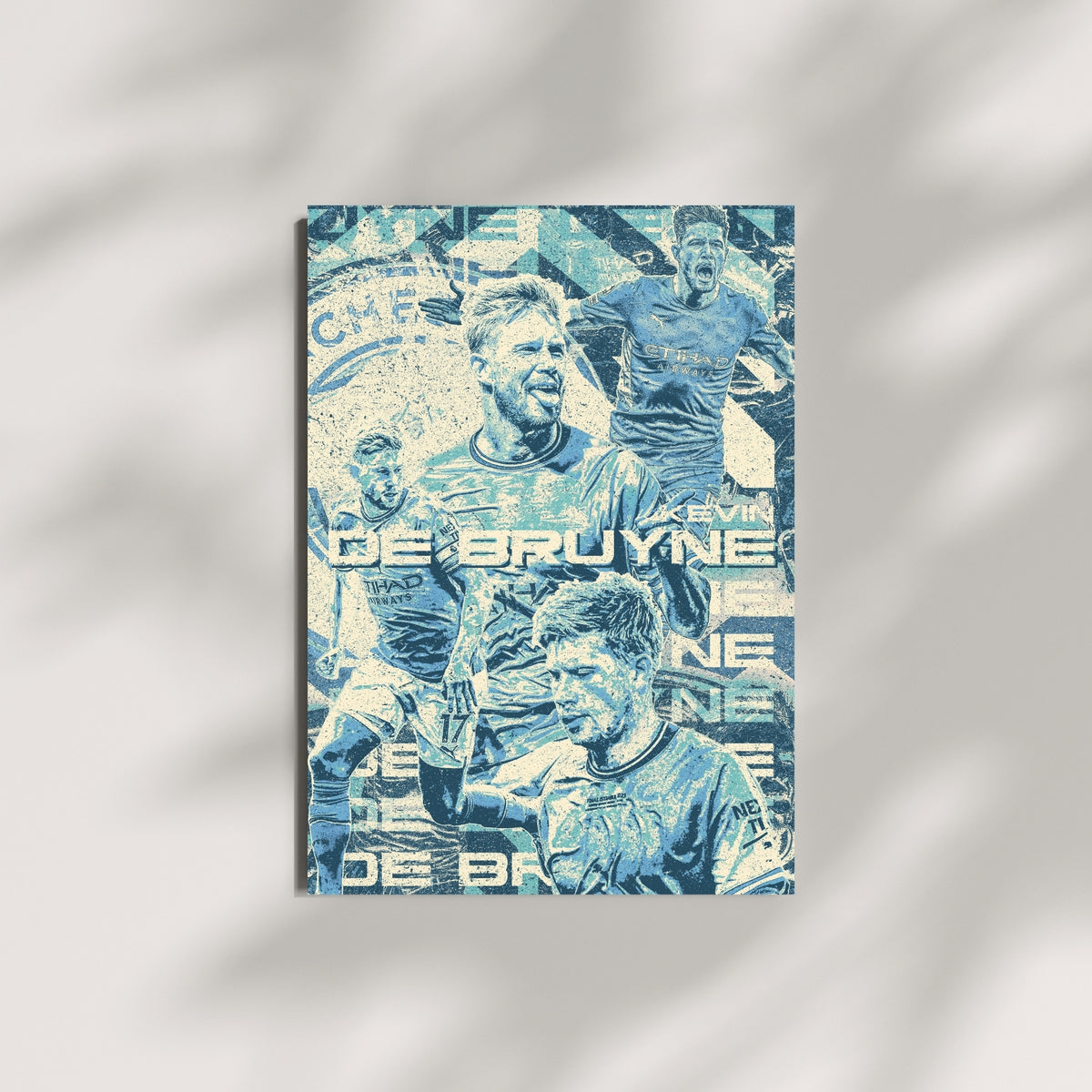 Kevin De Bruyne Manchester City wall art displayed on a minimalist wall with a blue vintage graphic design