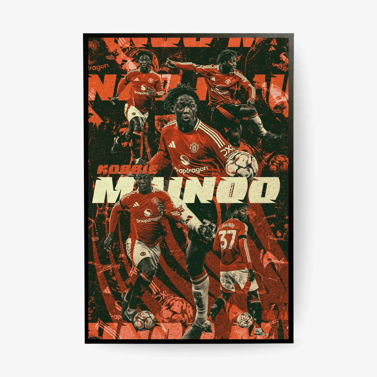 Framed Kobbie Mainoo football poster in vintage red and green tones featuring multiple action shots of the Manchester United player.
